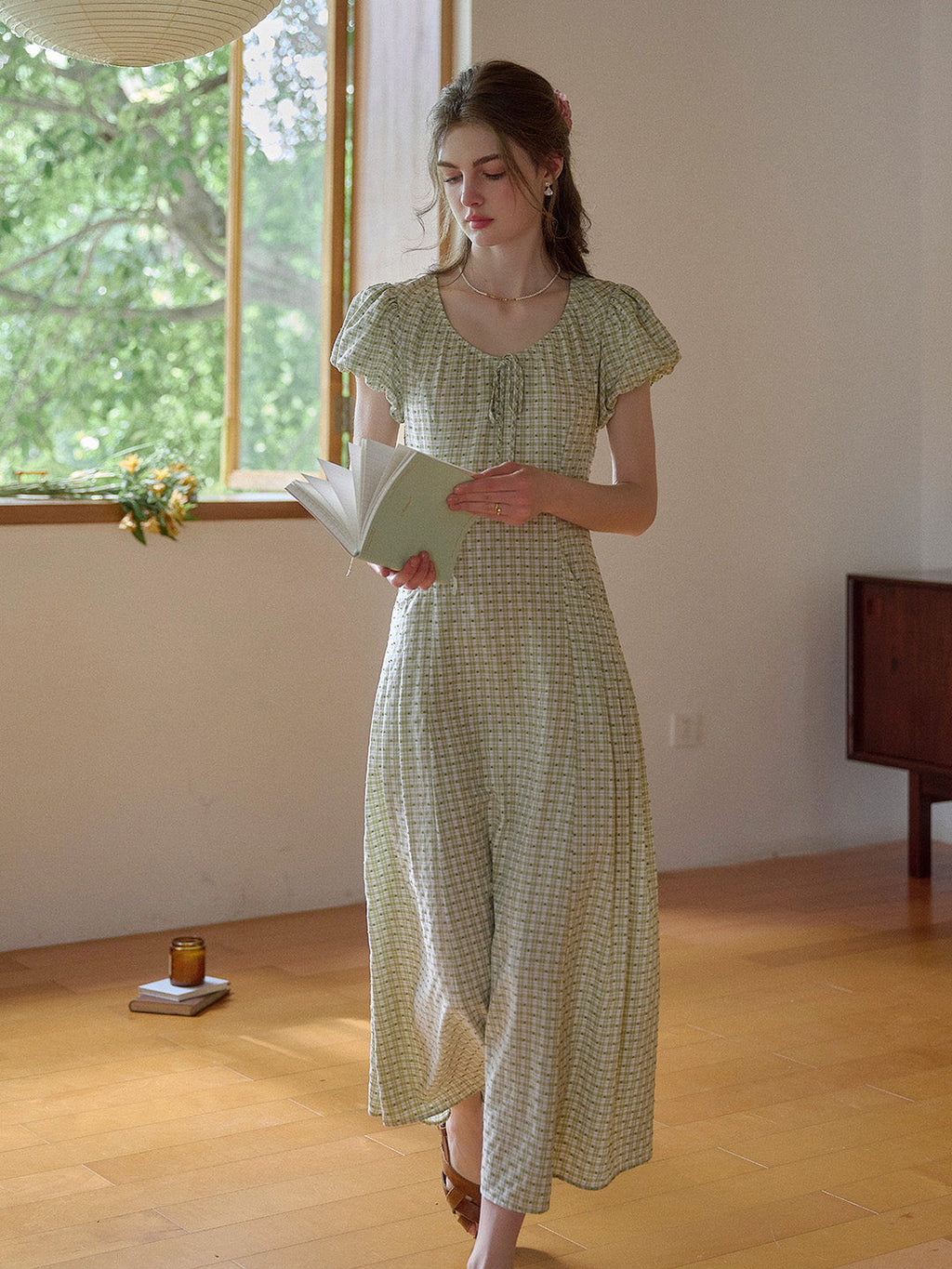 Willow Round Neck Plaid Puff Sleeve Viscose Dress - Yellow