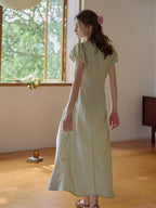 Willow Round Neck Plaid Puff Sleeve Viscose Dress - Yellow