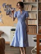 Ocean V-Neck Puff Sleeves Dress
