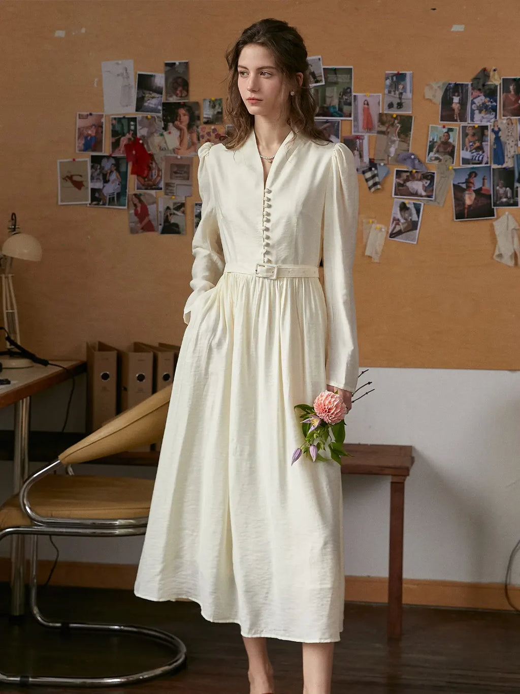 Bridget V-Neck Off White Dress