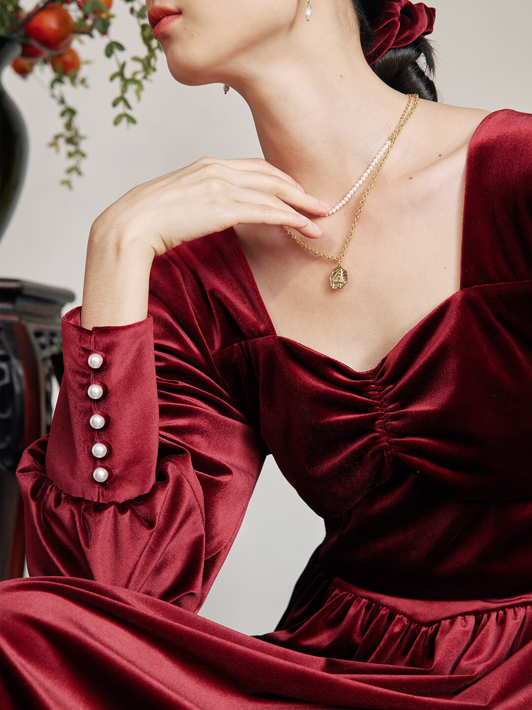 Imani Puff Sleeves Red Midi Velvet Dress