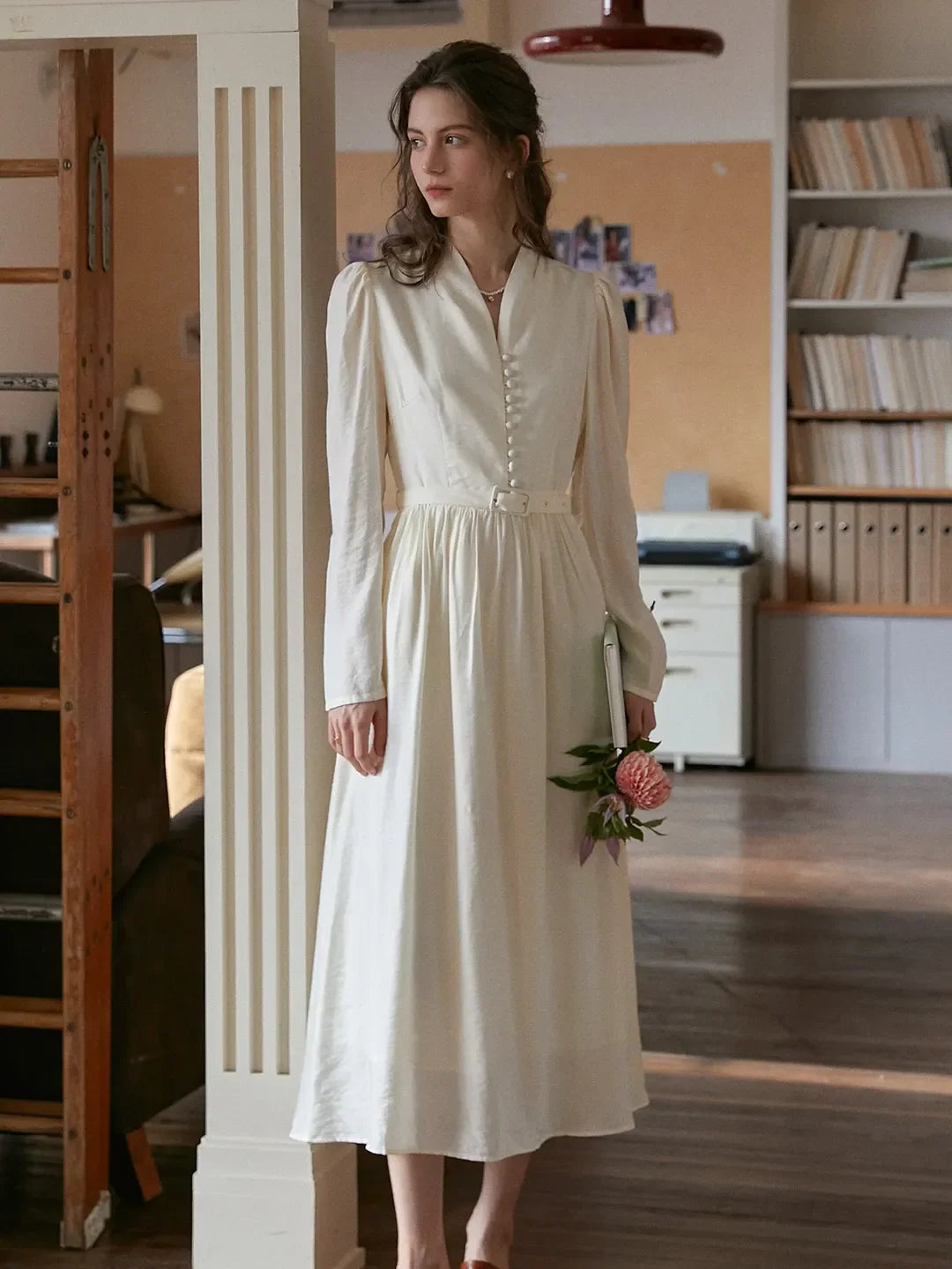 Bridget V-Neck Off White Dress