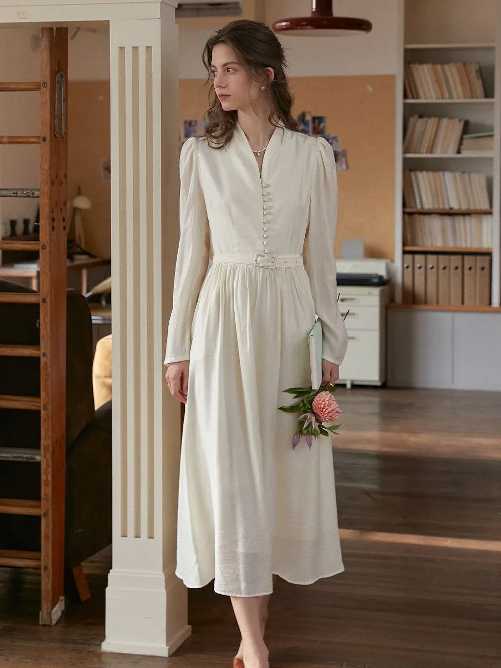 Bridget V-Neck Off White Dress