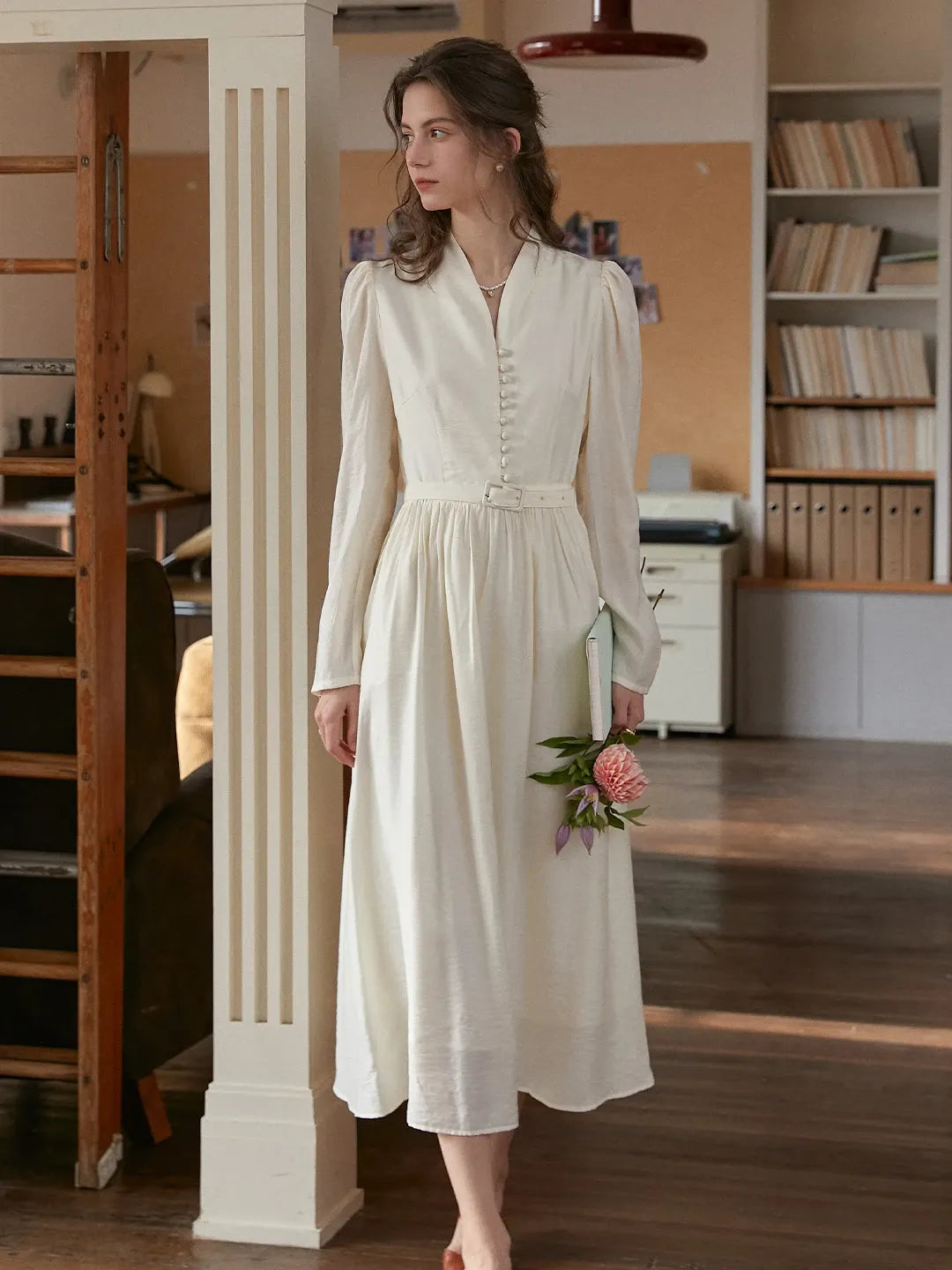 Bridget V-Neck Off White Dress