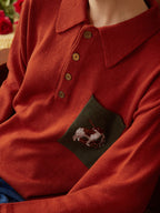 Raquel Polo Embroidery Christmas Red Knit Sweater