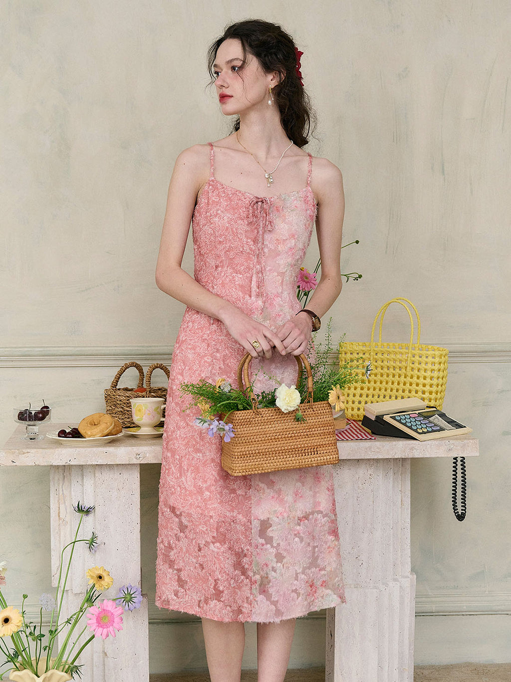 【Final Sale】Blaire Floral Contrast Patchwork Bow Square Neck Slip Dress