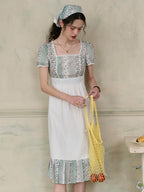 【Final Sale】Bria Square Collar Contrasting Trimmed Floral Pleated Dress