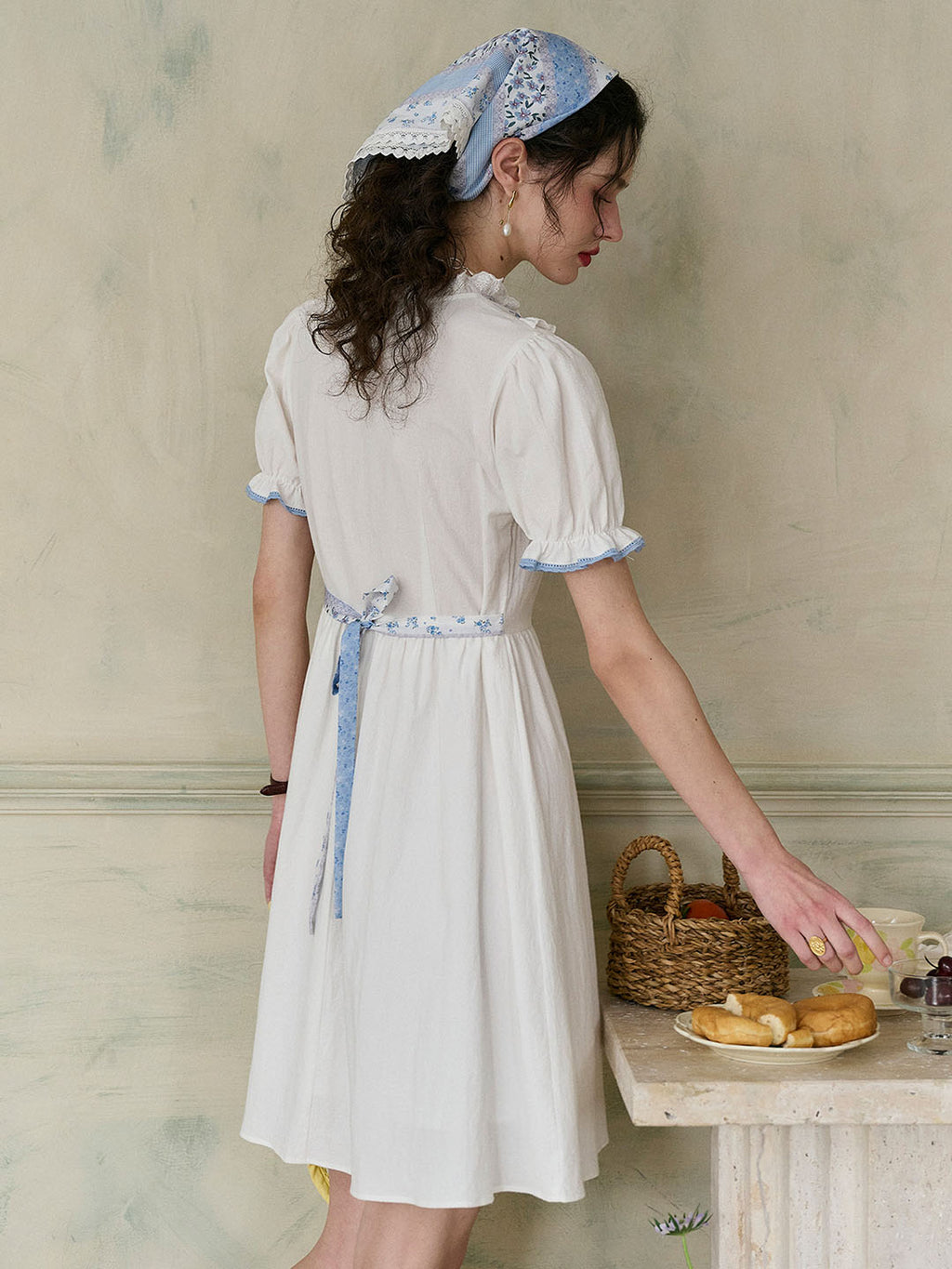 【Final Sale】Katie Lace Round Neck Striped Floral Contrast Puff Sleeve Patchwork Cotton Dress