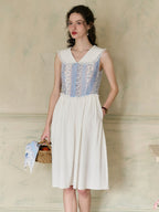 Emelia Lace Lapel Striped Floral Patchwork Contrast Cotton Dress