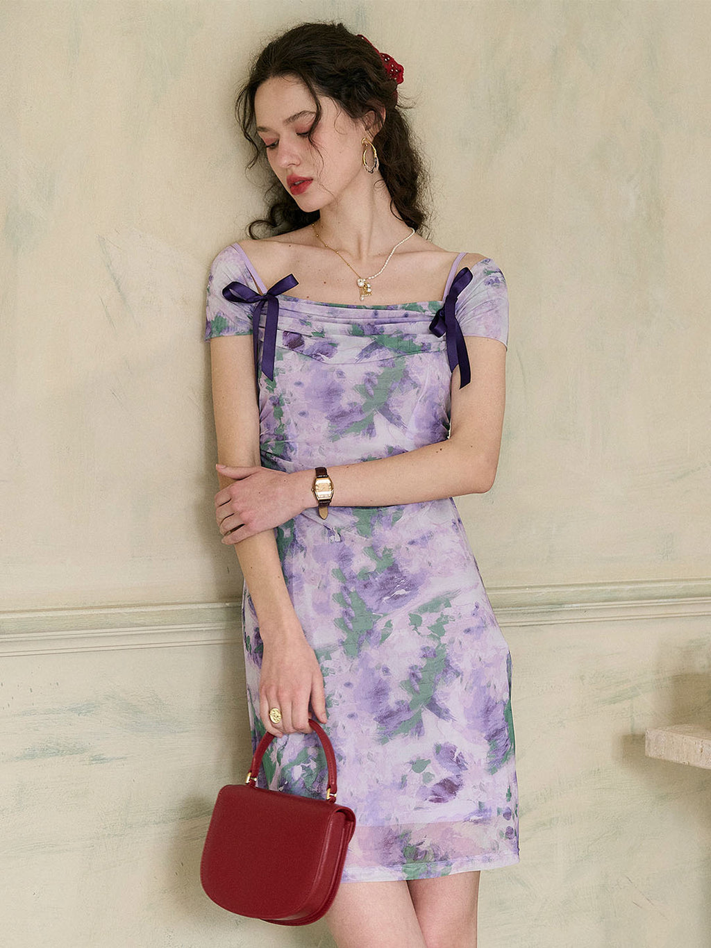 【Final Sale】Jacqueline Floral Print Off-The-Shoulder Contrast Bow Slip Dress