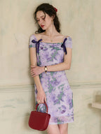 【Final Sale】Jacqueline Floral Print Off-The-Shoulder Contrast Bow Slip Dress