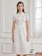 【Final Sale】Maryam Floral Embroidery Puff Sleeve Button Front Peter Pan Collar Dress