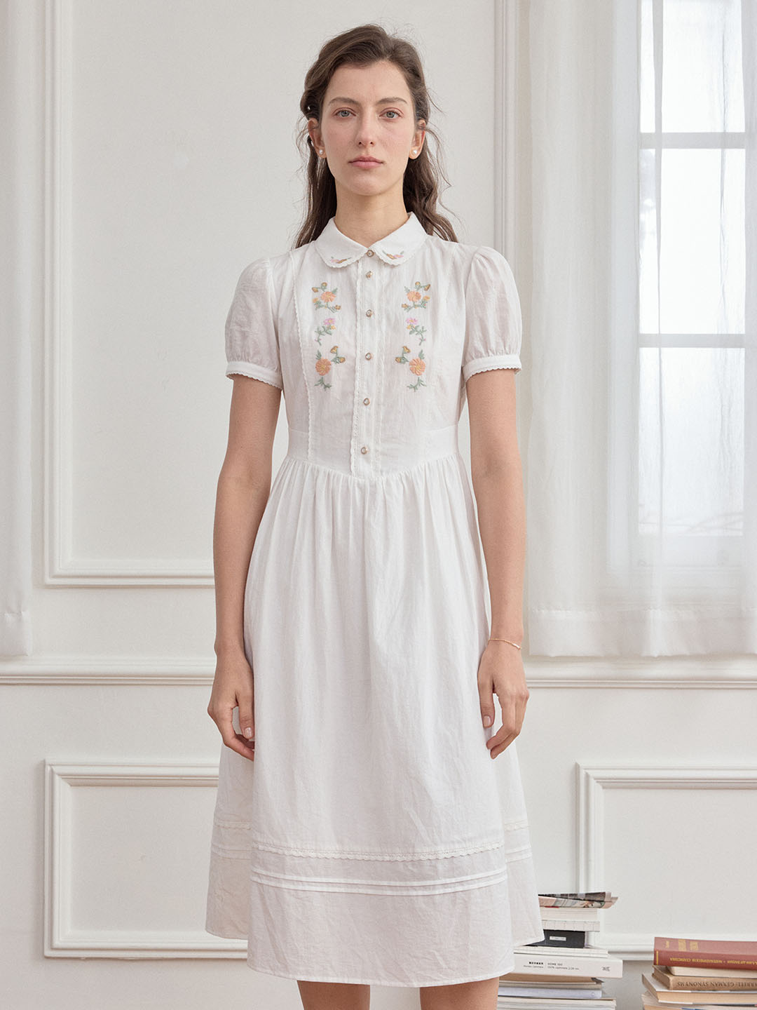 【Final Sale】Maryam Floral Embroidery Puff Sleeve Button Front Peter Pan Collar Dress