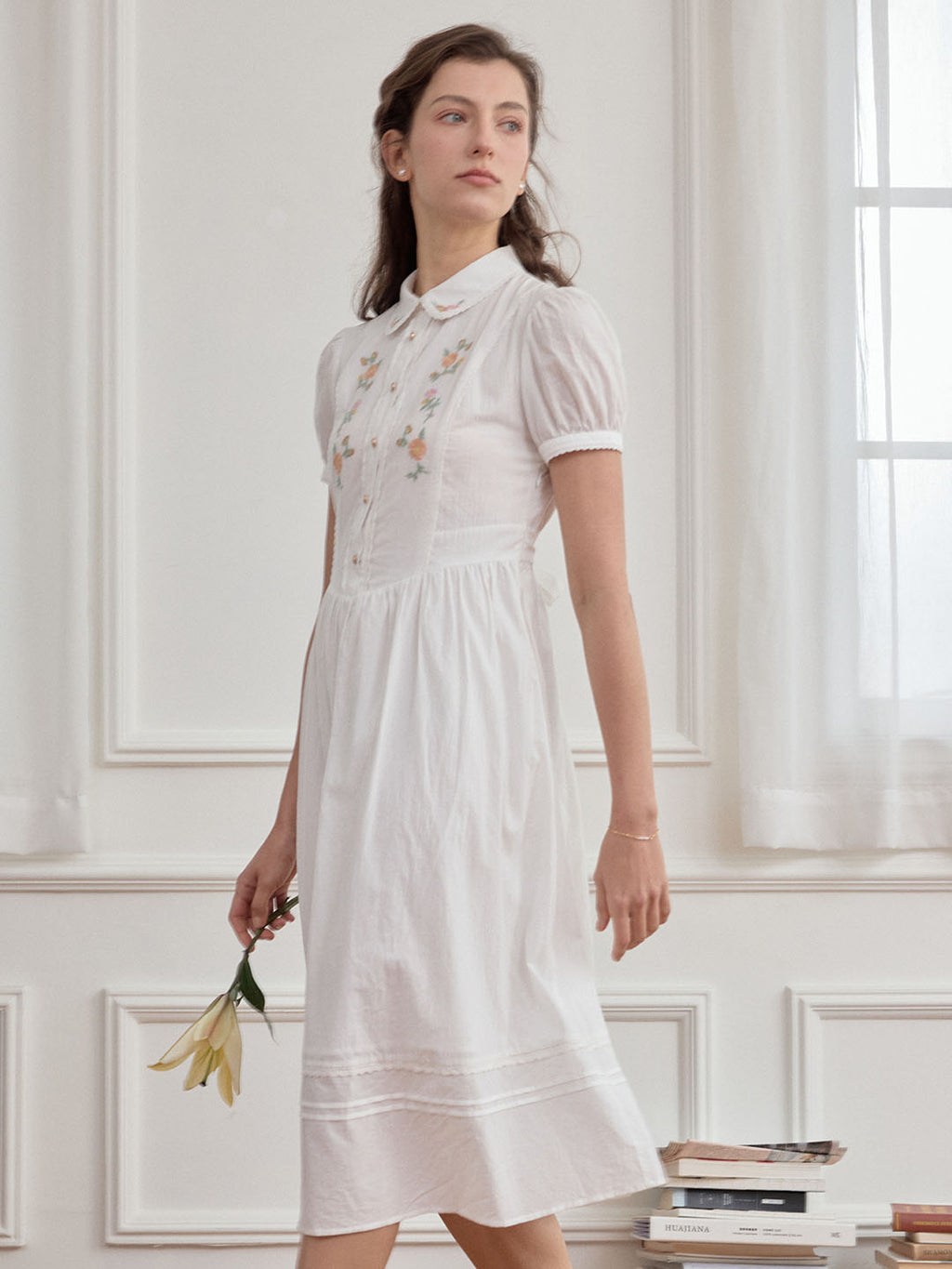 【Final Sale】Maryam Floral Embroidery Puff Sleeve Button Front Peter Pan Collar Dress