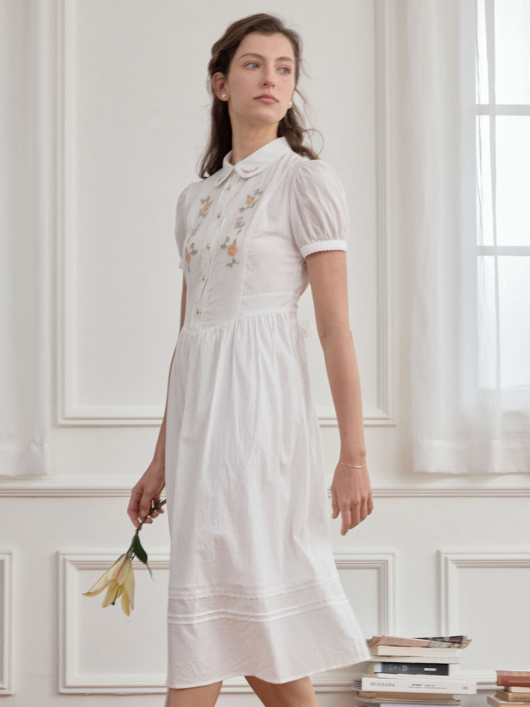 【Final Sale】Maryam Floral Embroidery Puff Sleeve Button Front Peter Pan Collar Dress