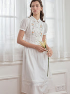 【Final Sale】Maryam Floral Embroidery Puff Sleeve Button Front Peter Pan Collar Dress