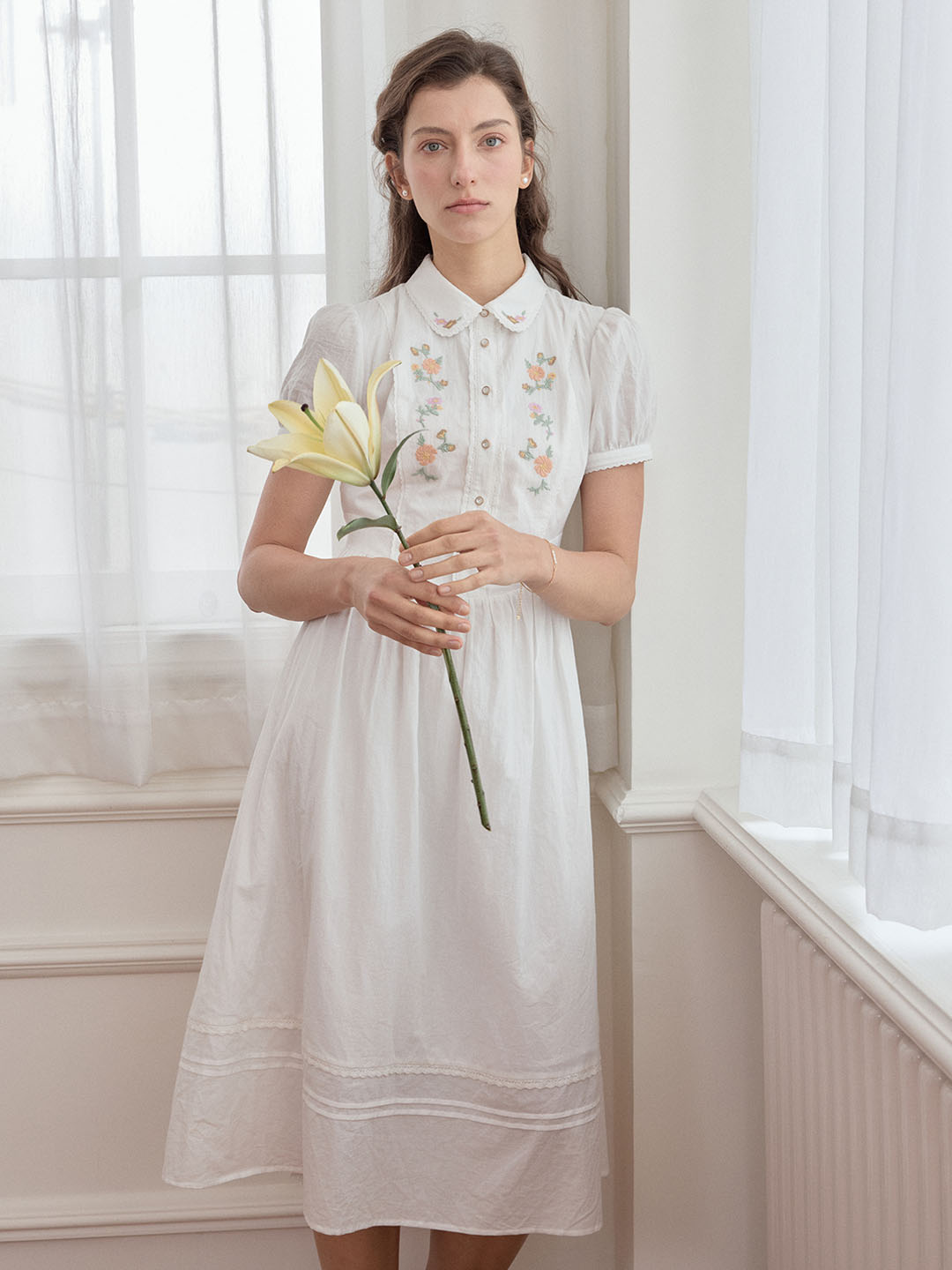 【Final Sale】Maryam Floral Embroidery Puff Sleeve Button Front Peter Pan Collar Dress