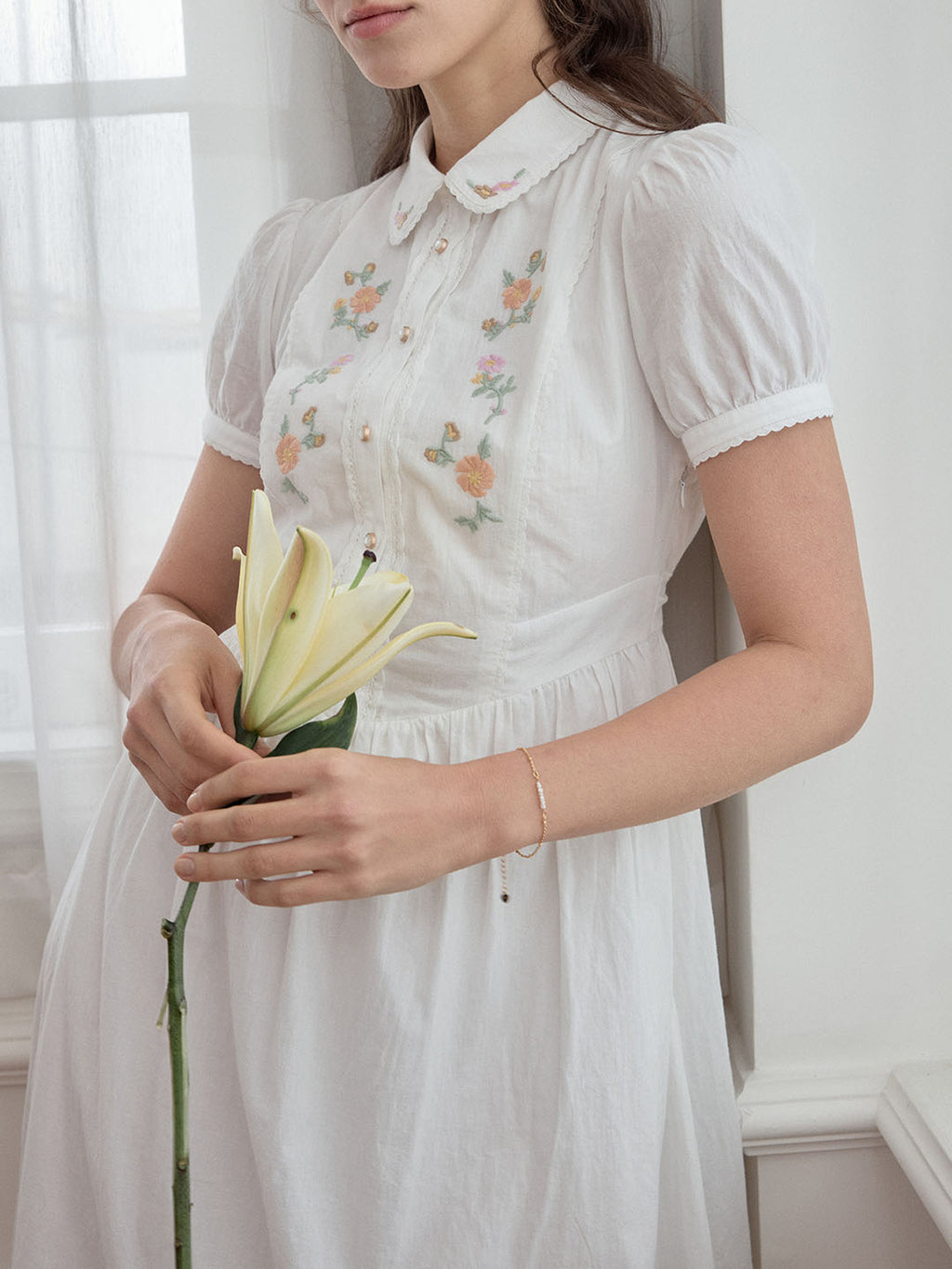 【Final Sale】Maryam Floral Embroidery Puff Sleeve Button Front Peter Pan Collar Dress