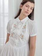 【Final Sale】Maryam Floral Embroidery Puff Sleeve Button Front Peter Pan Collar Dress
