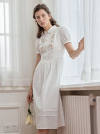 【Final Sale】Maryam Floral Embroidery Puff Sleeve Button Front Peter Pan Collar Dress