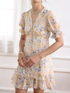【Final Sale】Nalani Ditsy Floral Print Puff Sleeve Ruffle Hem Dress