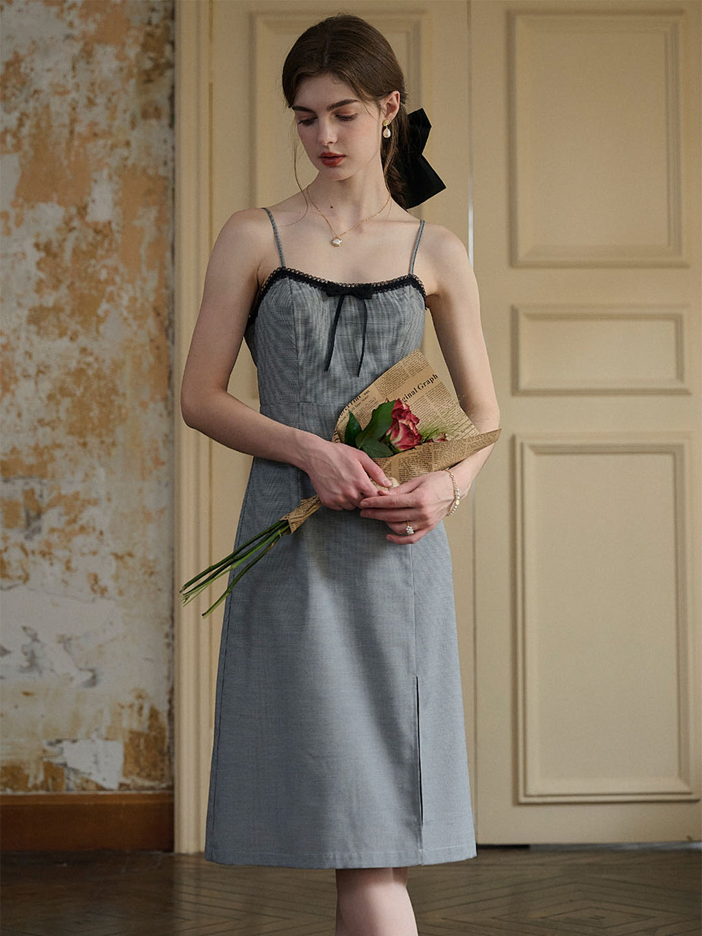 【Final Sale】Valeria Sweet Bow Houndstooth Slip Dress