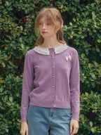 【Final Sale】Ruby Lace Lapel Contrasting Bow Cardigan