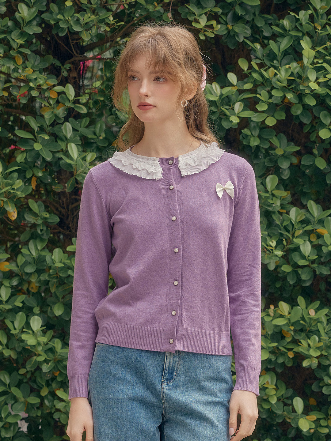 【Final Sale】Ruby Lace Lapel Contrasting Bow Cardigan