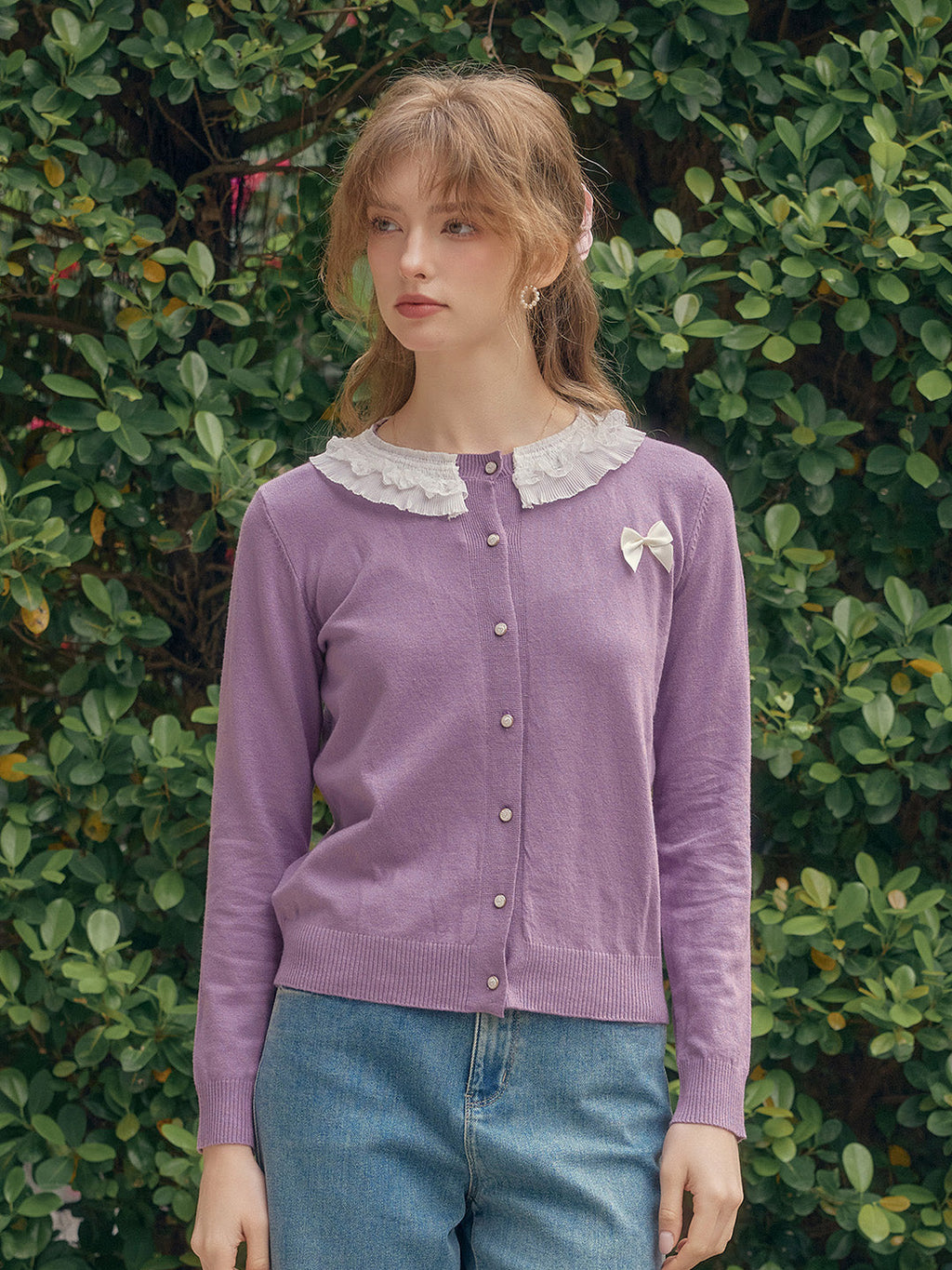 【Final Sale】Ruby Lace Lapel Contrasting Bow Cardigan - Purple