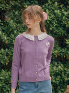 【Final Sale】Ruby Lace Lapel Contrasting Bow Cardigan - Purple