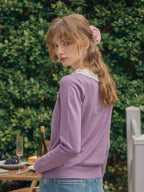 【Final Sale】Ruby Lace Lapel Contrasting Bow Cardigan - Purple