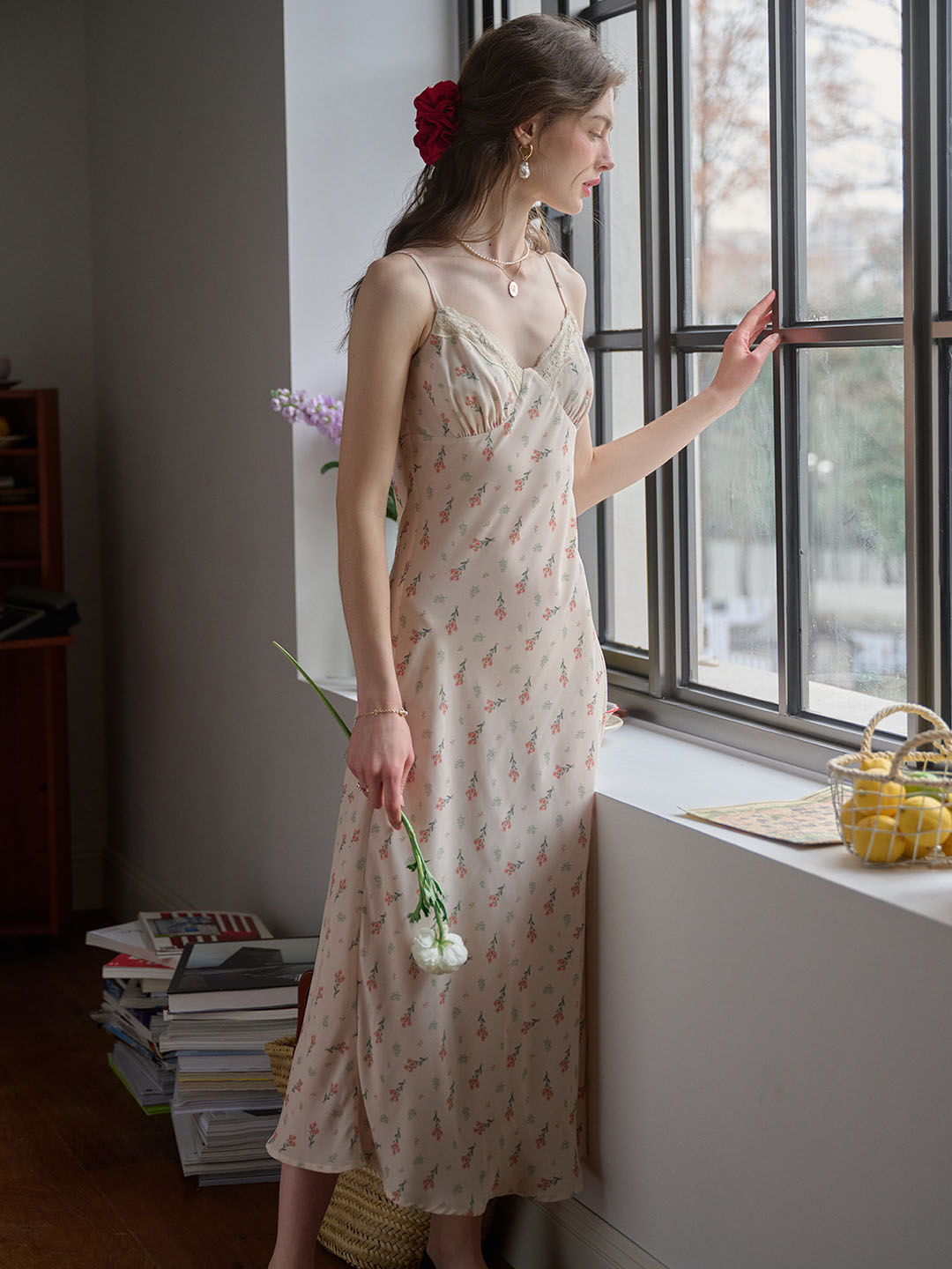 Juliana Lace Patchwork V-neck Floral Suspender Dress
