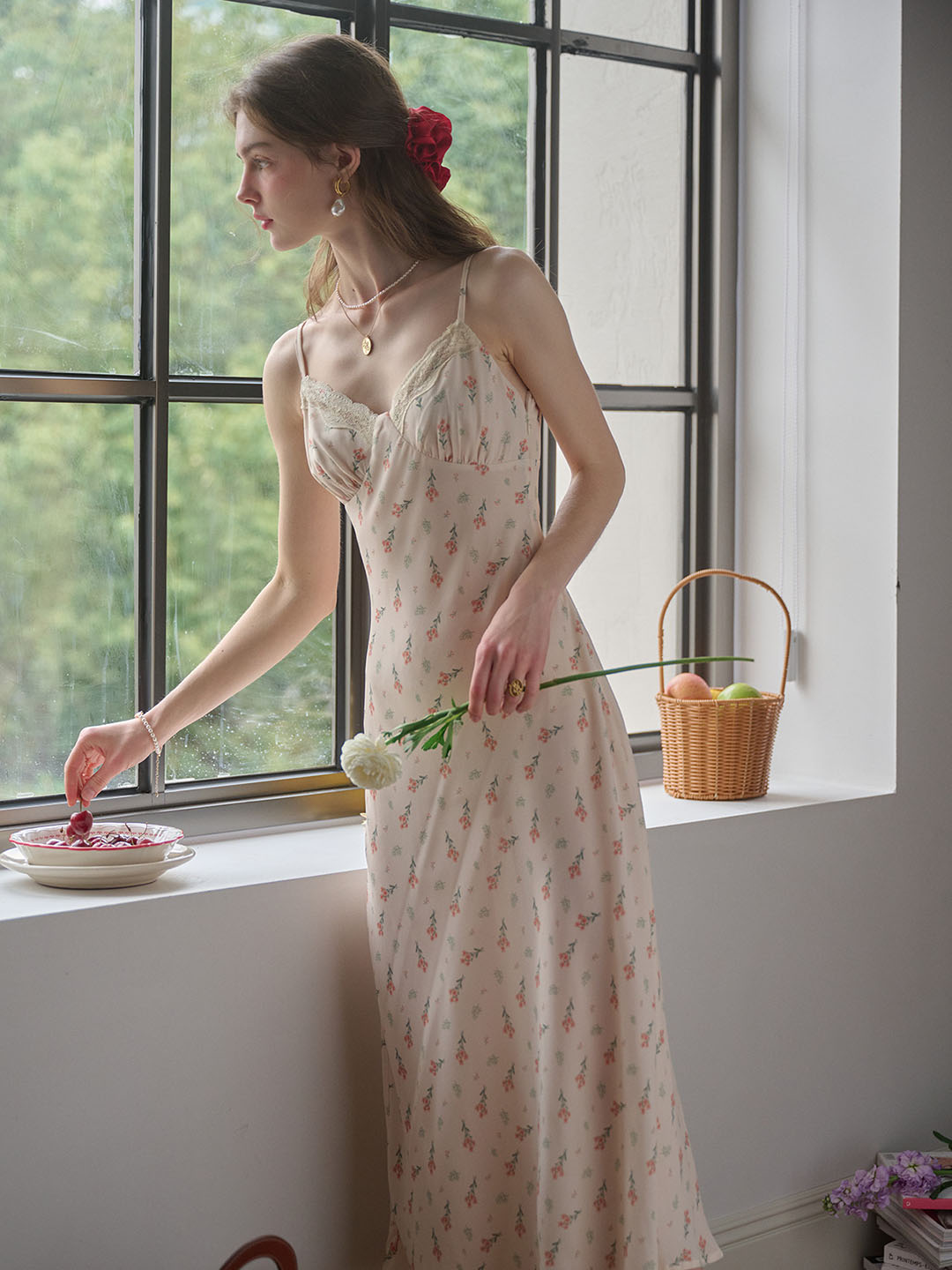 Juliana Lace Patchwork V-neck Floral Suspender Dress