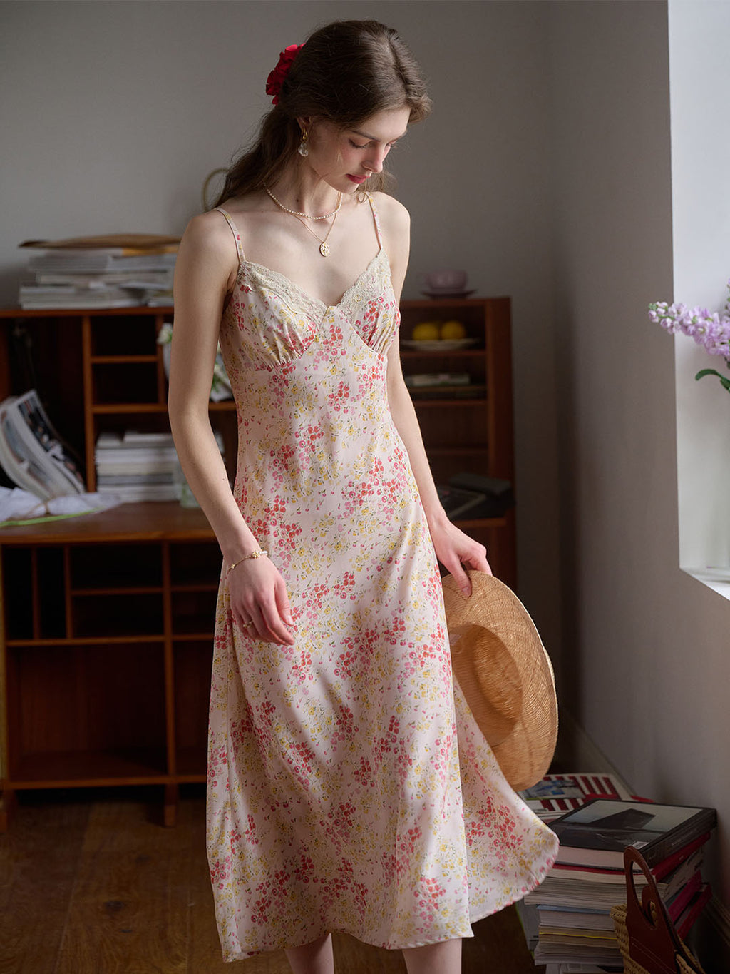 Juliana Lace Patchwork V-neck Floral Suspender Dress