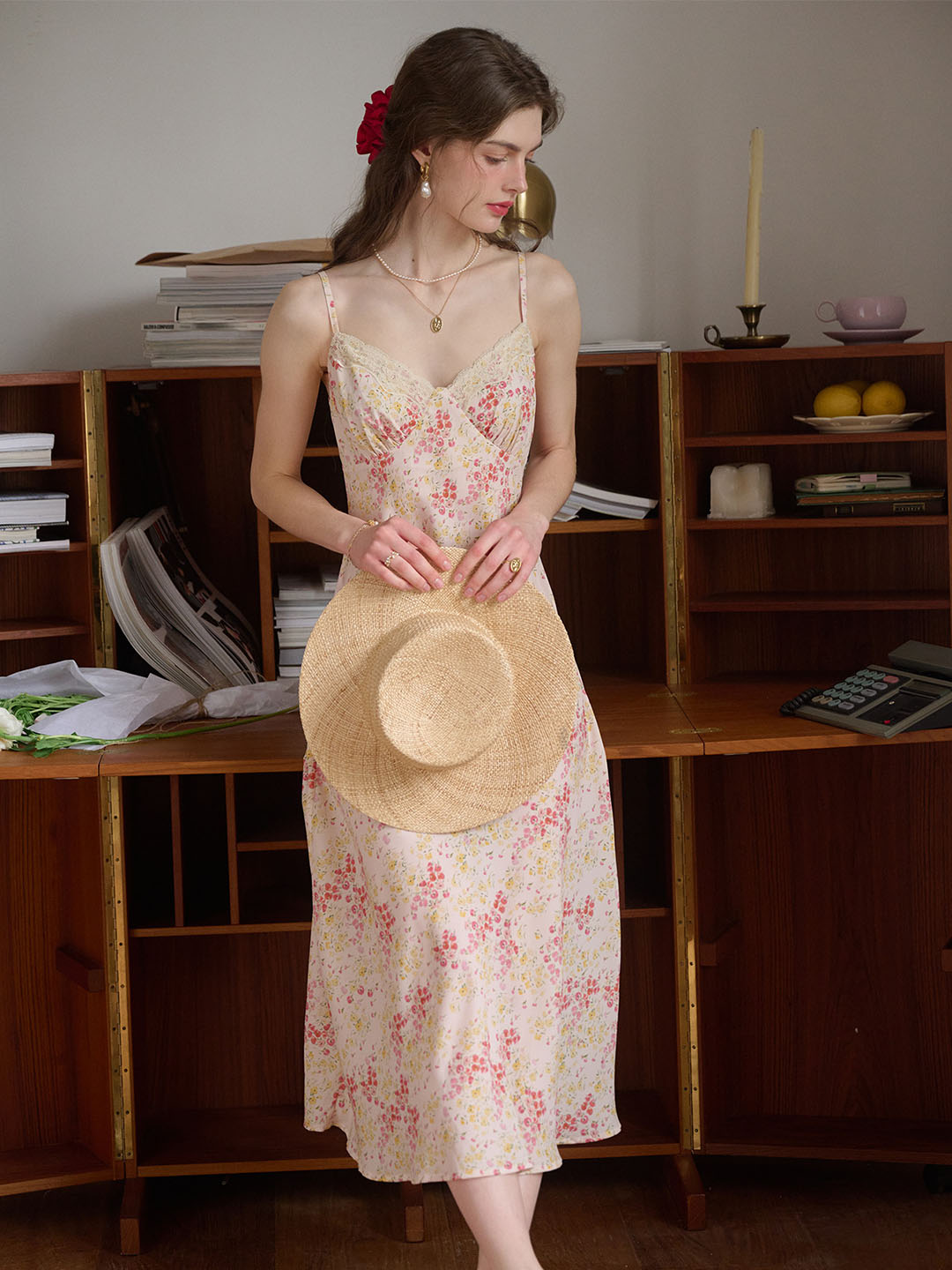 Juliana Lace Patchwork V-neck Floral Suspender Dress