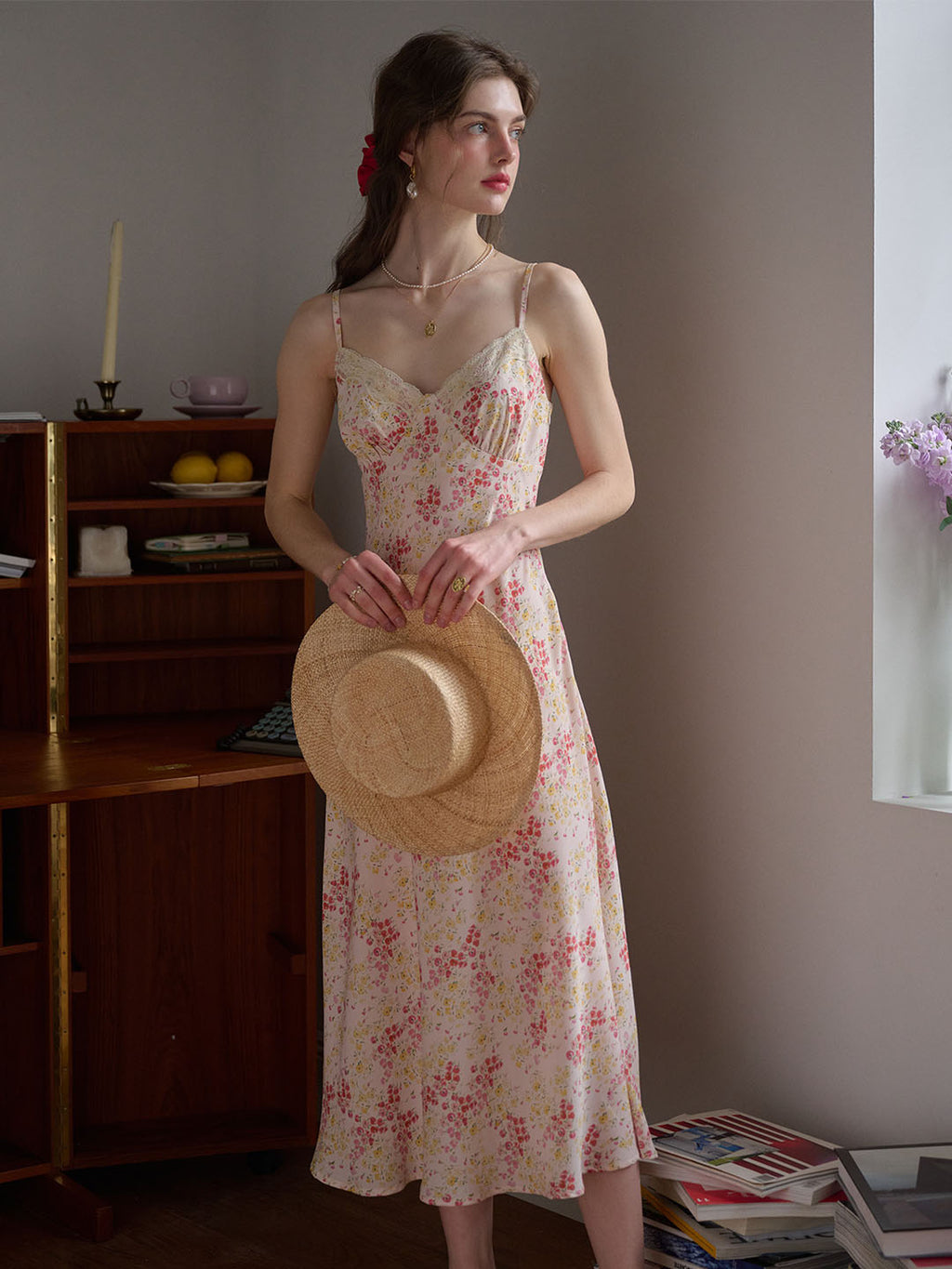 Juliana Lace Patchwork V-neck Floral Suspender Dress-Apricot