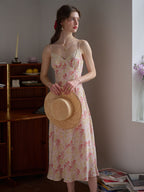 Juliana Lace Patchwork V-neck Floral Suspender Dress-Apricot