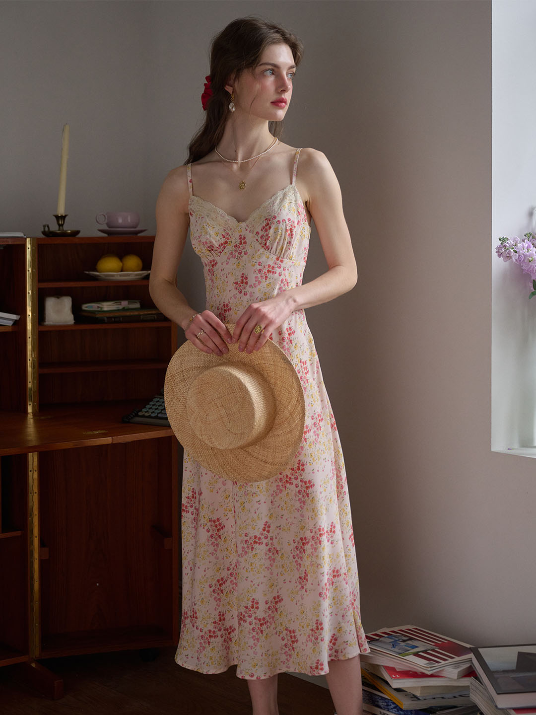Juliana Lace Patchwork V-neck Floral Suspender Dress