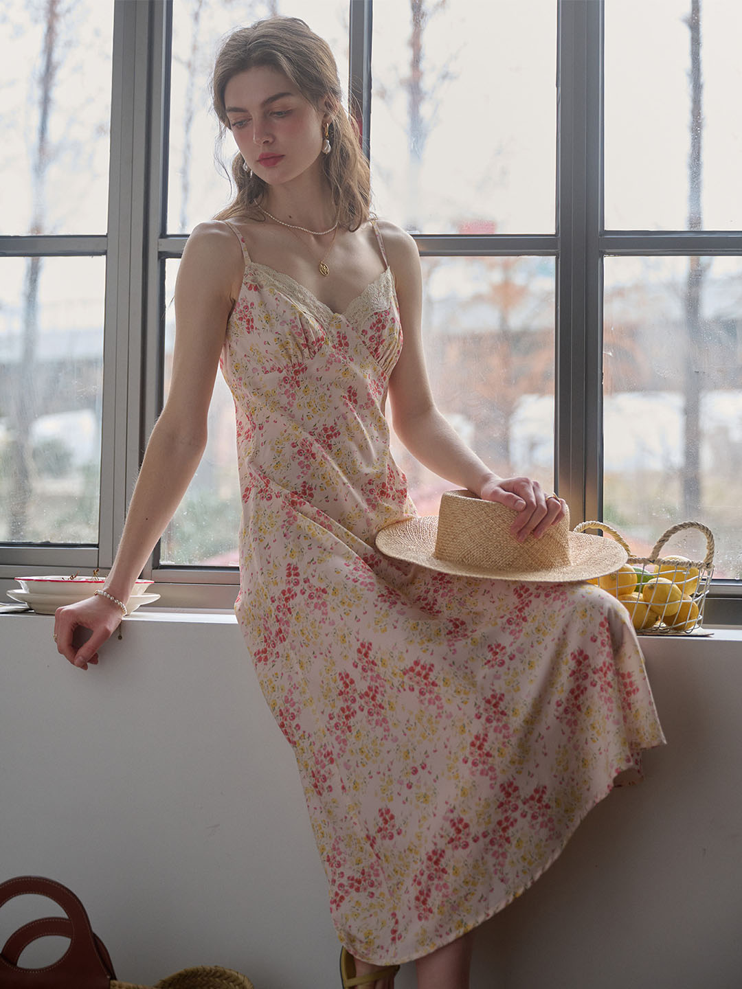 Juliana Lace Patchwork V-neck Floral Suspender Dress