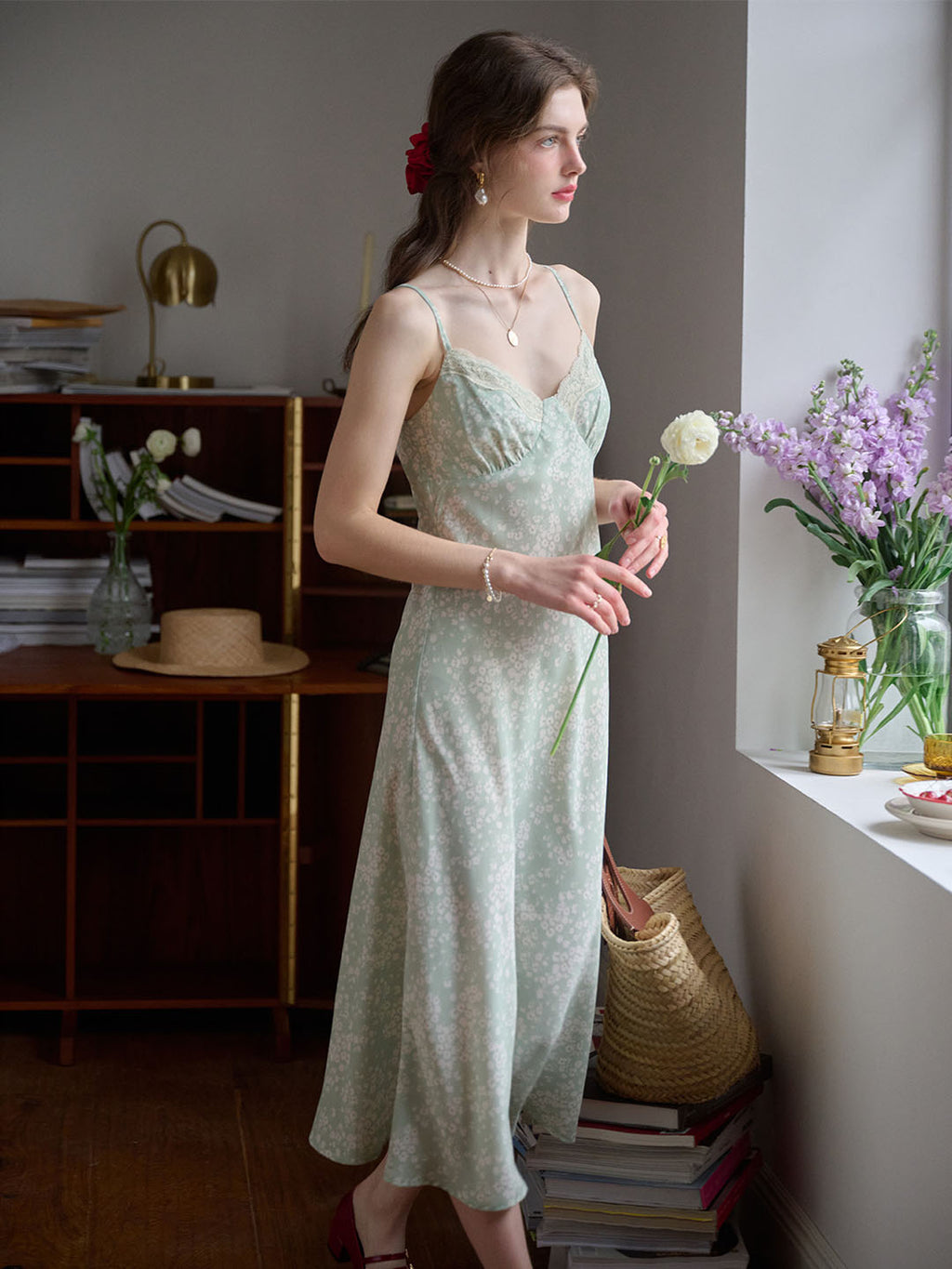 Juliana Lace Patchwork V-neck Floral Suspender Dress