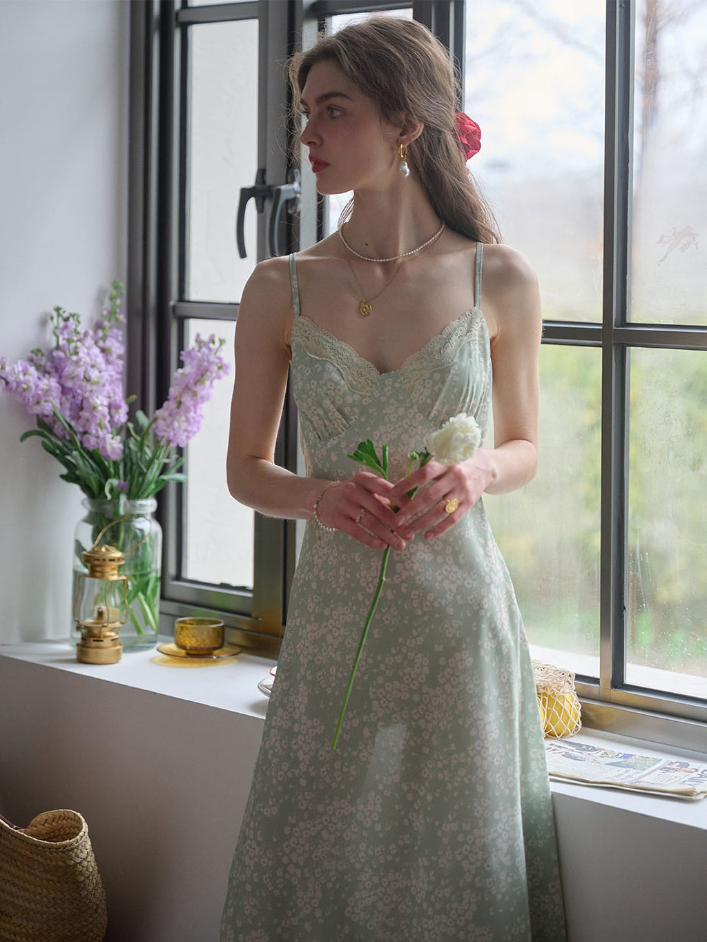 Juliana Lace Patchwork V-neck Floral Suspender Dress