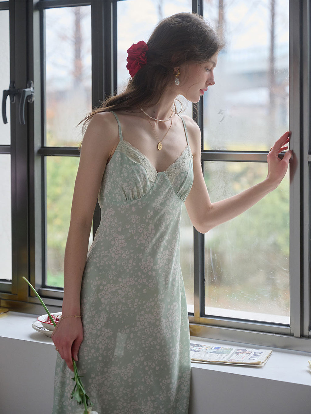 Juliana Lace Patchwork V-neck Floral Suspender Dress