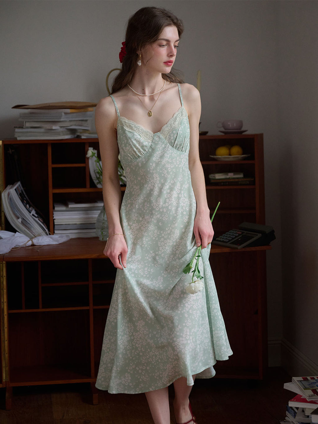 Juliana Lace Patchwork V-neck Floral Suspender Dress