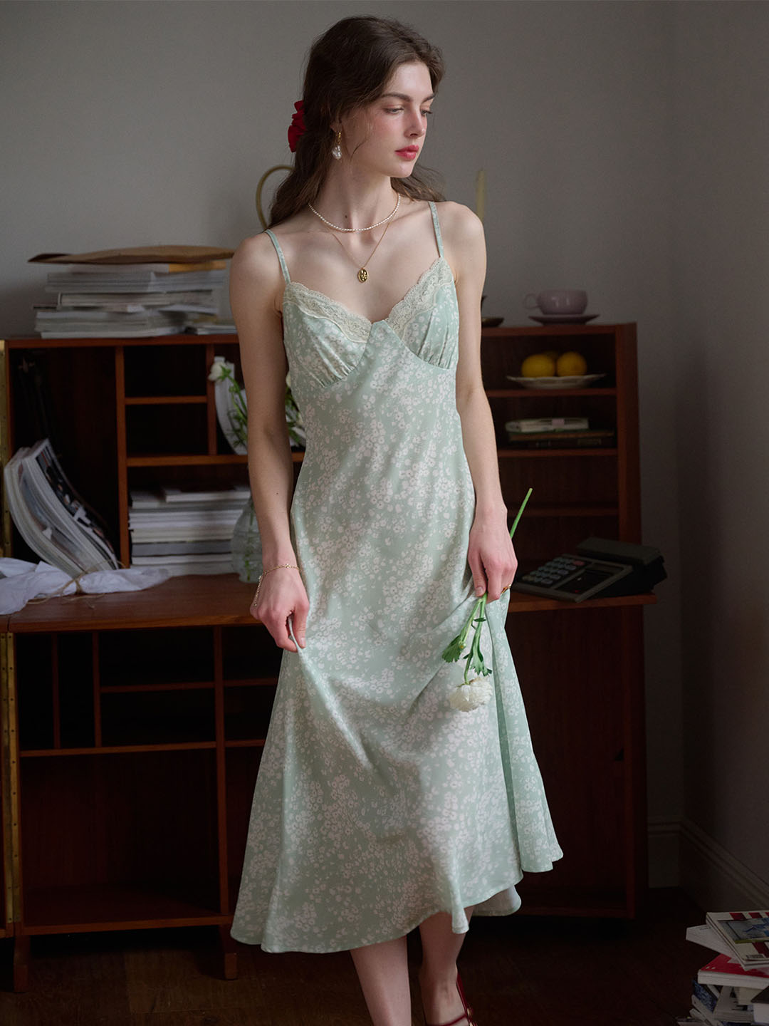 Juliana Lace Patchwork V-neck Floral Suspender Dress