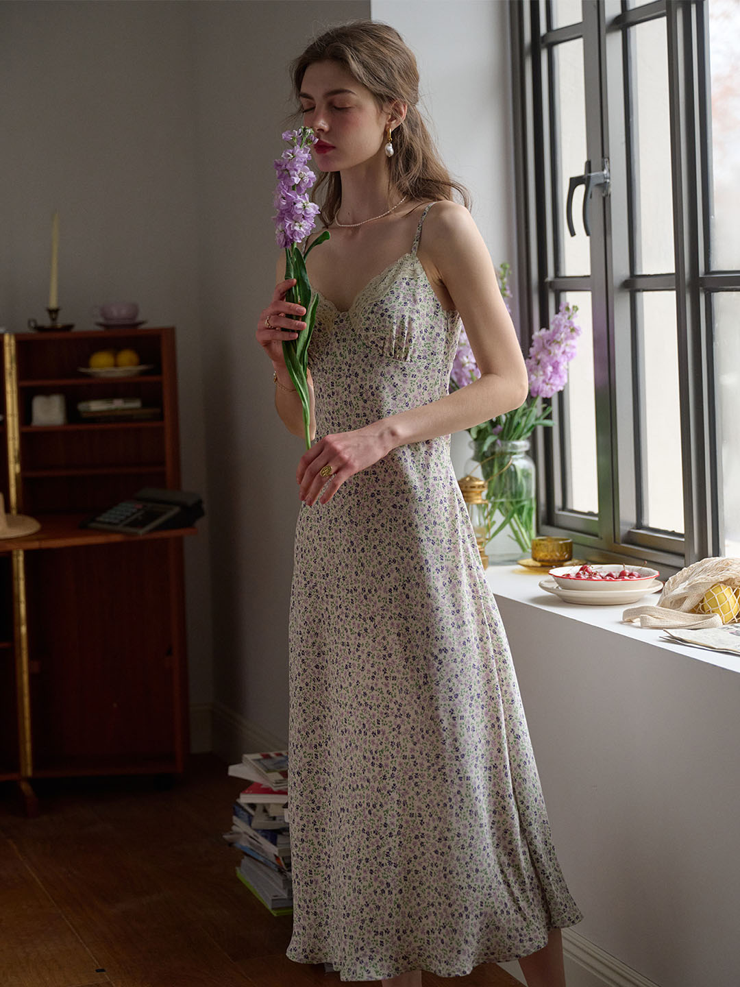 Juliana Lace Patchwork V-neck Floral Suspender Dress