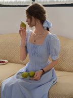 Maisie French Tie Square Neck Puff Sleeve Striped Cotton Dress
