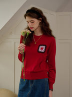 【Final Sale】Cadence Ribbed Round Neck Contrasting Embroidery Sweater