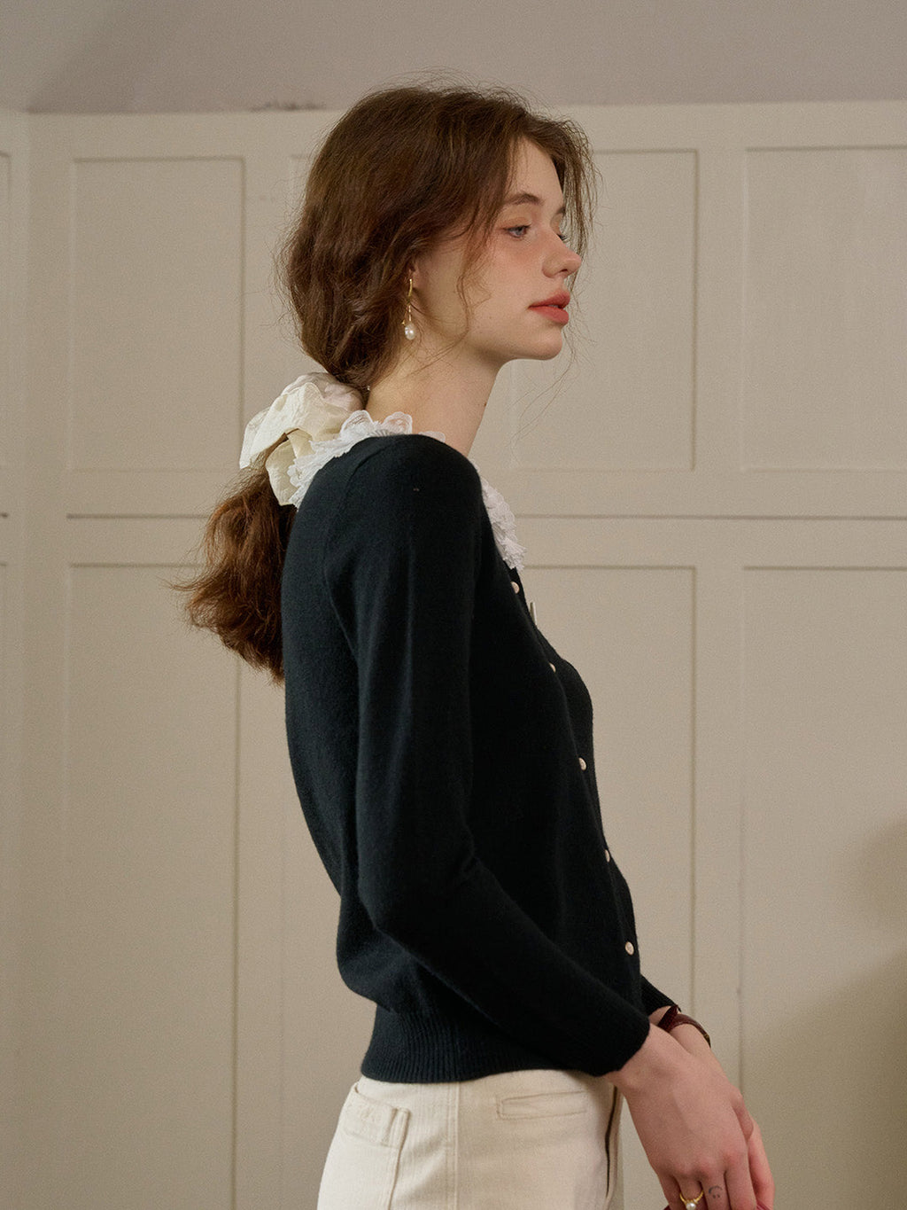 【Final Sale】Ruby Lace Lapel Contrasting Bow Cardigan - Purple