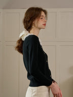 【Final Sale】Ruby Lace Lapel Contrasting Bow Cardigan - Purple