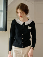 【Final Sale】Ruby Lace Lapel Contrasting Bow Cardigan - Purple